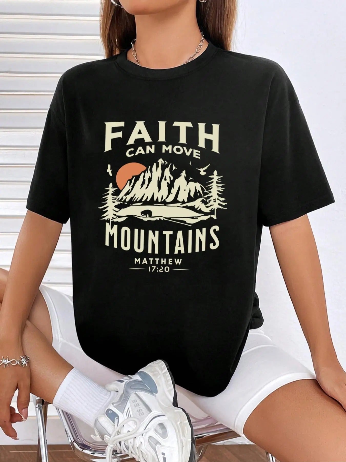 Women'WB shield Landscape & Letter Print Round Neck Tee, Casual Short Sleeve Crew Neck T-Shirt for Spring & Fall,...