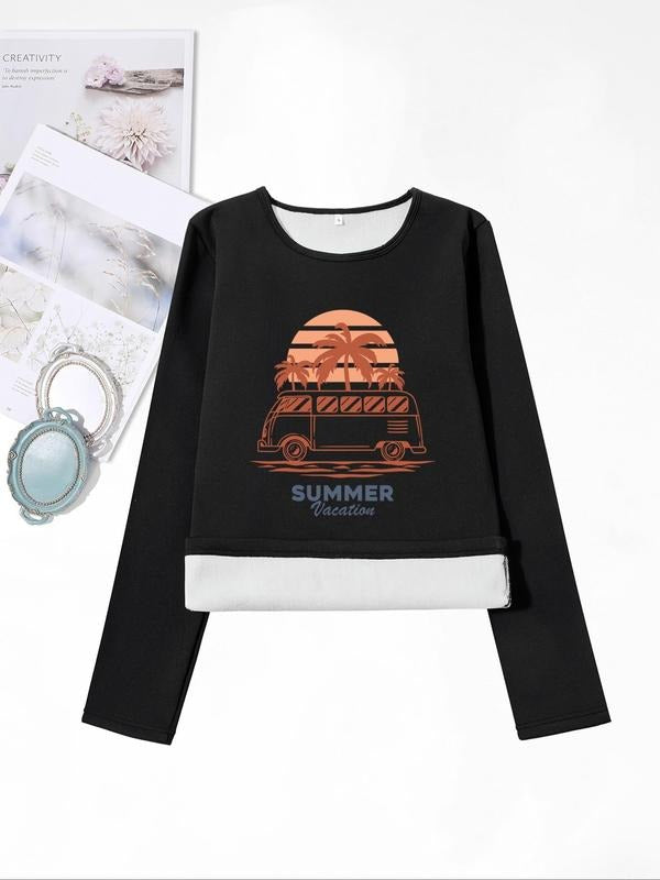 Women'WB shield Landscape & Letter Print TNF Lined Tee, Casual Long Sleeve Round Neck T-shirt for Fall & Winter, Women'WB...