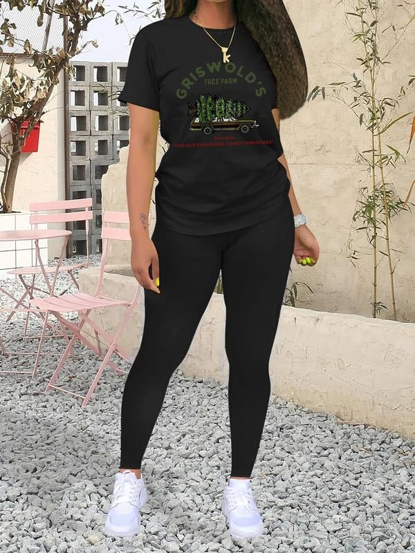 Women'WB shield Landscape Gunpla brand Letter Print Short Sleeve Tee & Elastic Waist Skinny Pants Straw hat pirates Set, Casual Round Neck T-shirt & Trousers for Summer, Ladies TNF for Daily Wear