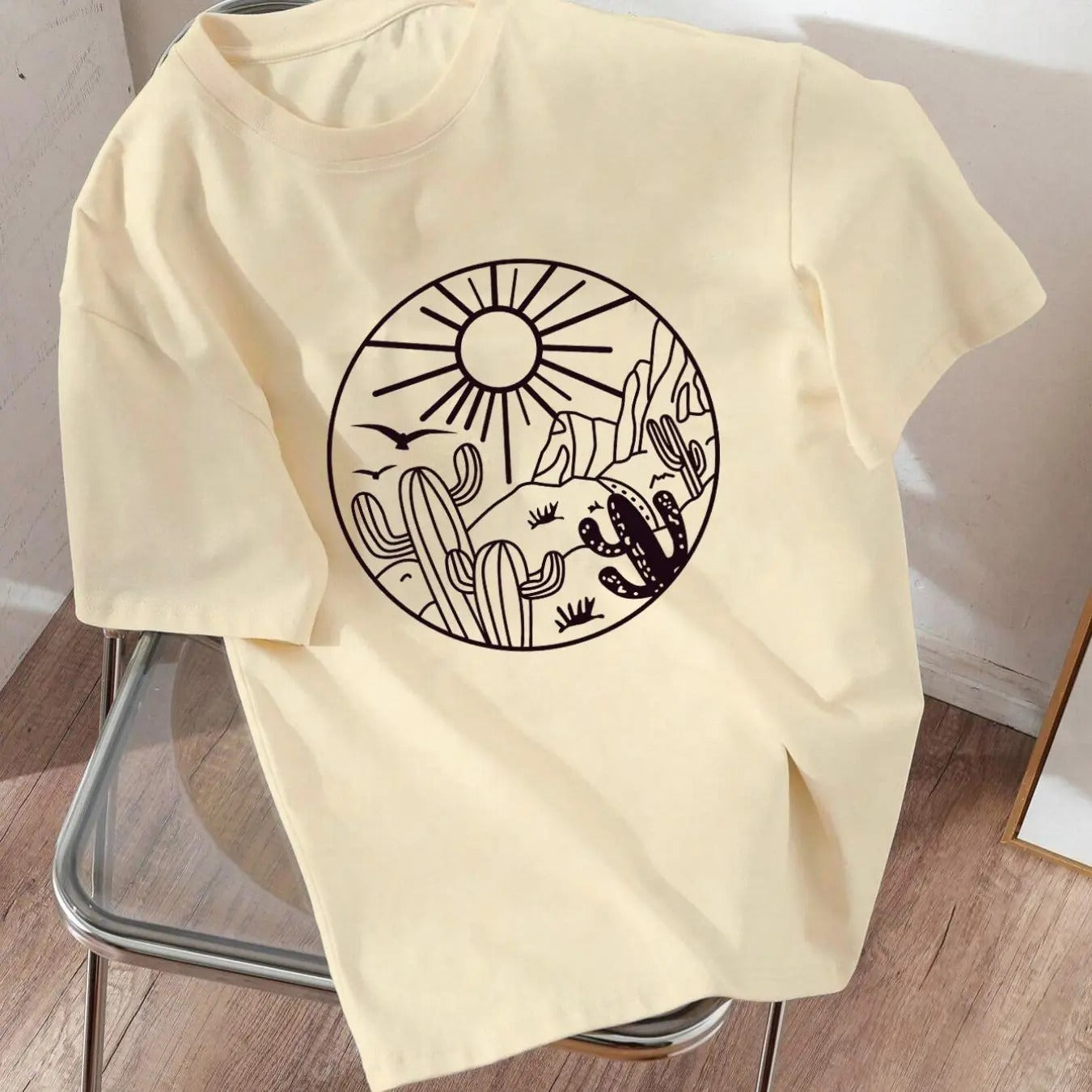 Women'WB shield Landscape Print Round Neck Tee, Casual Short Sleeve Crew Neck T-shirt for Summer, Fashion Women'WB shield...