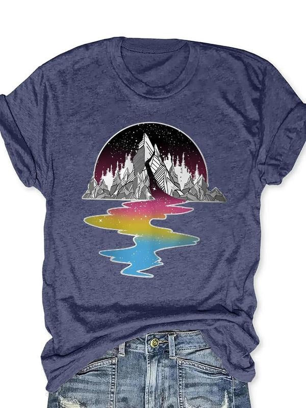 Women'WB shield Landscape Print Round Neck Tee, Vintage Trendy Casual Mountain Print Short Sleeve T-shirt for Daily Wear,...