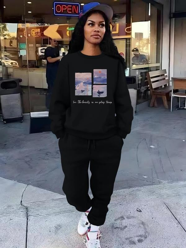 Women'WB shield Landscape Print Sweatshirt & Pocket Sweatpants Set, Casual Long Sleeve Round Neck Pullover & Jogger...