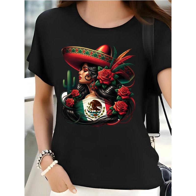 Women'WB shield Latino Floral Print Short Sleeve T-Shirt Vibrant Mexican-Inspired Design with Cacti & Sombreros, Casual...