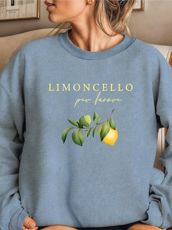 Women'WB shield Lemon & Letter Print Drop Shoulder Sweatshirt, Casual Long Sleeve Round Neck Pullover for Daily Wear,...
