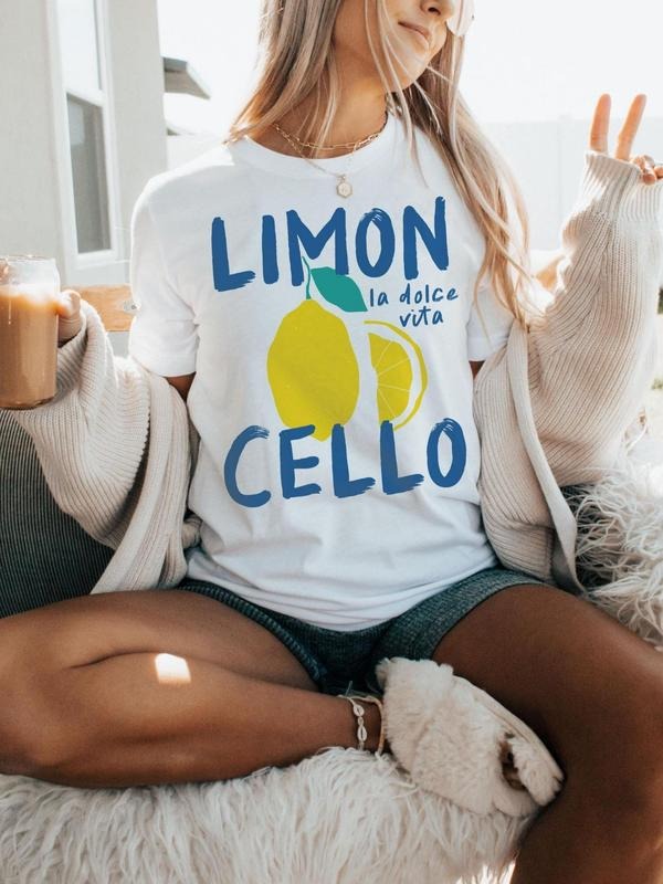 Women'WB shield Lemon & Letter Print Round Neck Tee, Trendy Casual Short Sleeve T-Shirt for Daily Wear, Ladies Summer...