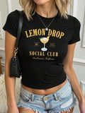 Women'WB shield Lemon Drop Social Club Round Neck Graphic Tee, Vintage Trendy Casual Short Sleeve T-shirt for Daily Wear, Ladies Summer Outfit, Top