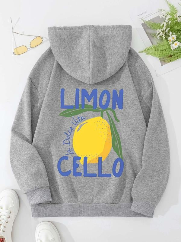 Women'WB shield Lemon Print Drop Shoulder Hoodie, Fashion Casual Letter Print Kangaroo Pocket Hooded Sweatshirt for Daily Holiday Outdoor Wear, Women Clothing for Fall & Winter