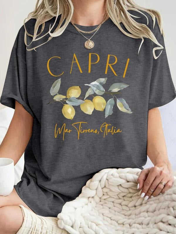 Women'WB shield Lemon Print Round Neck Tee, Casual Short Sleeve Crew Neck T-Shirt for Summer, Fashion Women'WB shield Top...