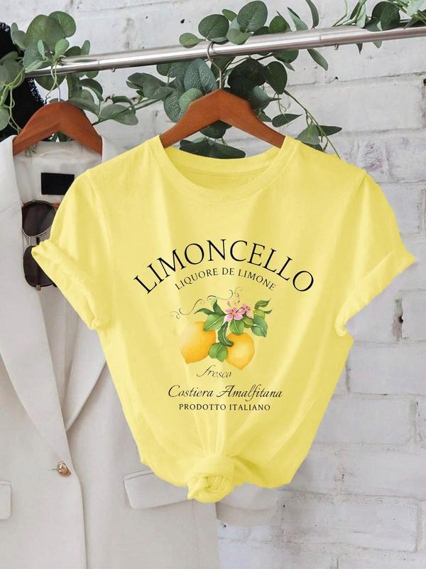 Women'WB shield Lemon Print Round Neck Tee, Fashion Casual Crew Neck T-Shirt for Daily Holiday Vacation Outdoor Wear,...