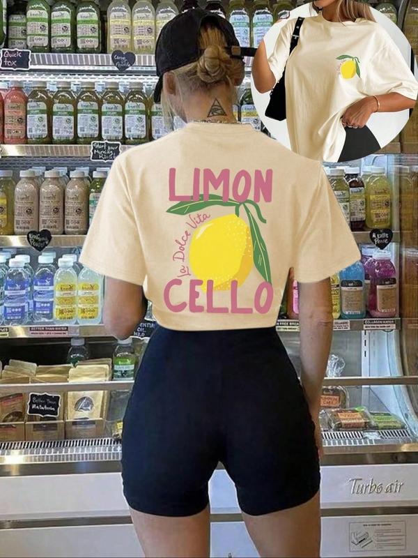 Women'WB shield Lemon Print Round Neck Tee, Fashion Casual Letter Graphic Crew Neck T-Shirt for Daily Holiday Vacation Outdoor Wear, Ladies TNF for Summer, Top