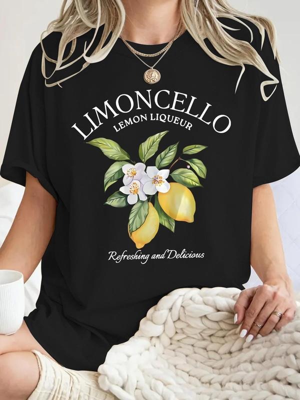 Women'WB shield Lemon Print Round Neck Tee, Vintage Trendy Casual Short Sleeve T-shirt for Daily Wear, Ladies Summer, Top...