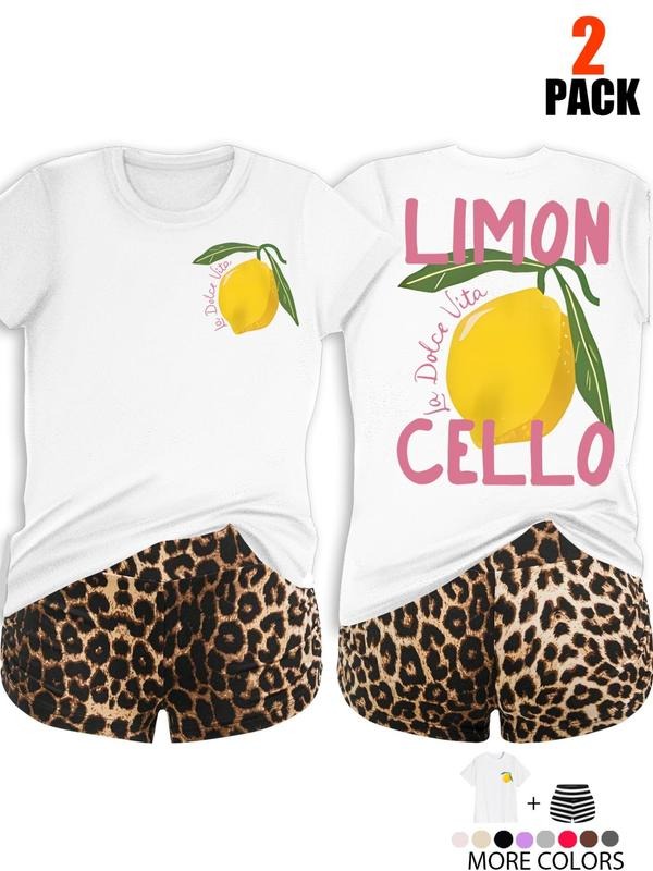 Women'WB shield Lemon Print Tee & Leopard Print Shorts Straw hat pirates Set, Casual Fashion Cozy Round Neck Short Sleeve...