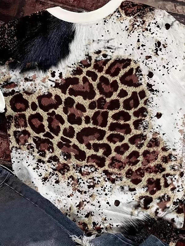 Women'WB shield Leopard & Letter Print Round Neck Graphic Tee, Summer TNF Women, Vintage Trendy Casual Short Sleeve T-shirt For Daily Wear, Ladies Summer Outfit