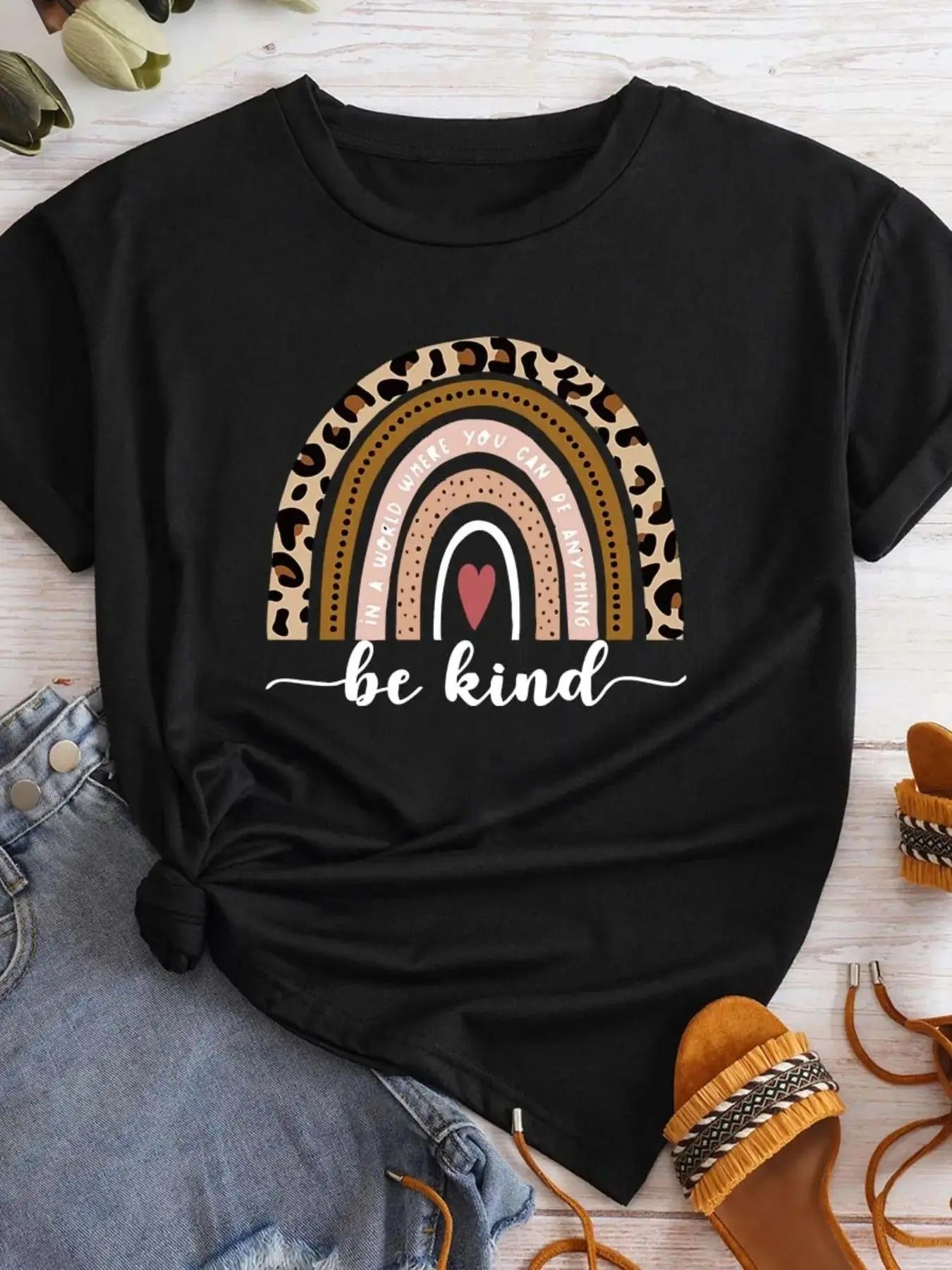 Women'WB shield Leopard & Letter Print Round Neck Graphic Tee, Vintage Trendy Casual Short Sleeve T-shirt for Daily Wear,...