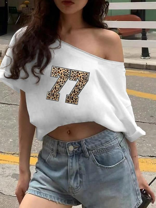 Women'WB shield Leopard & Number Print Asymmetrical Neck Tee, Casual Curved Hem T-Shirt for Daily Wear, Ladies TNF for...