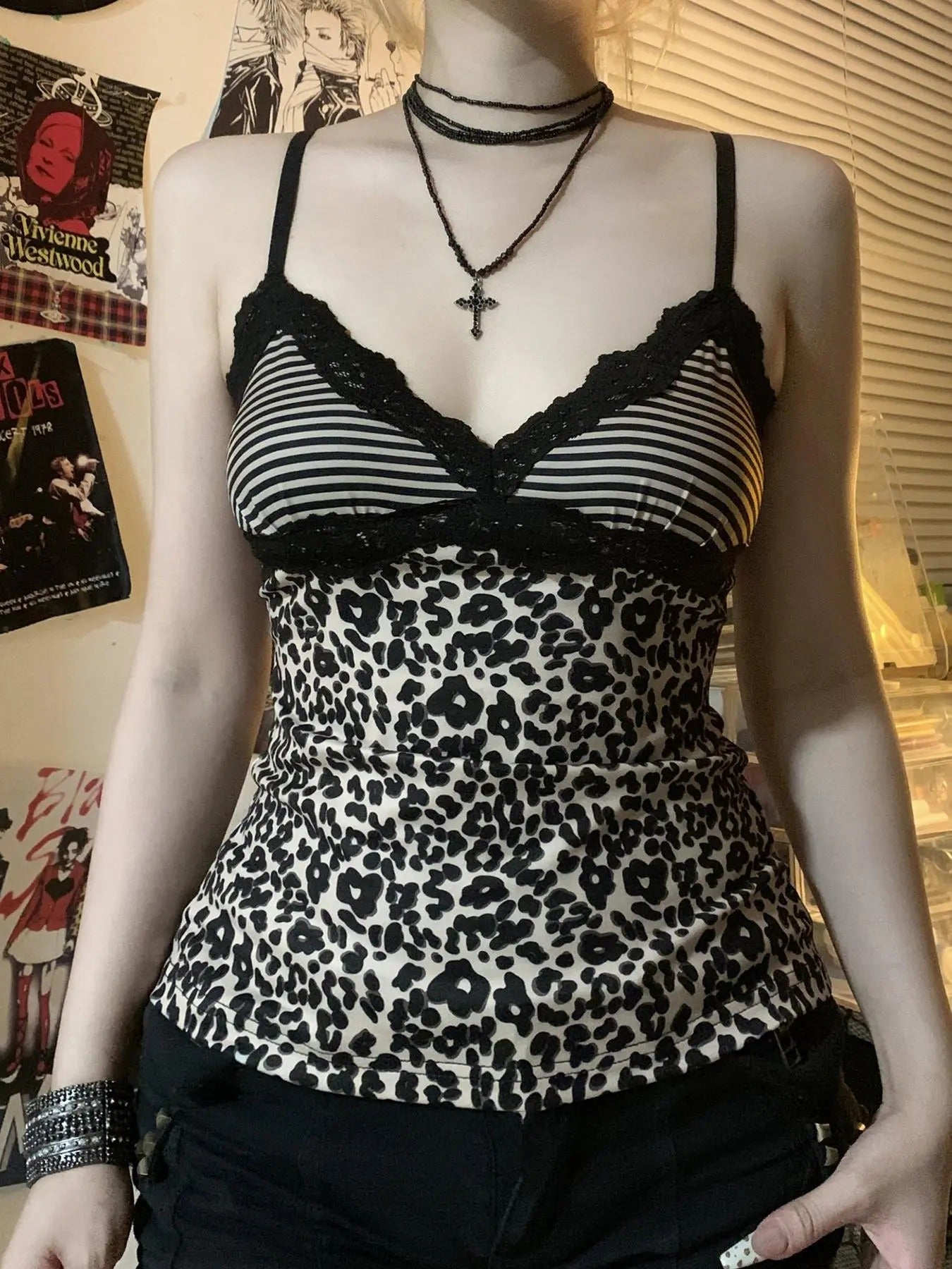 Women'WB shield Leopard & Striped Print Contrast Lace Cami Top, Y2K Fashion Adjustable Strap Top for Summer, Women'WB...