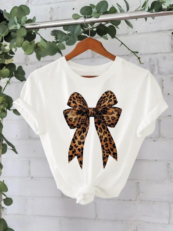 Women'WB shield Leopard Bow Print Round Neck Tee, Casual Short Sleeve Crew Neck T-Shirt for Summer, Fashion Women'WB...