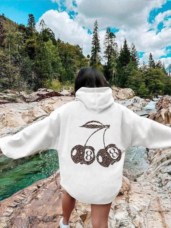 Women'WB shield Leopard Cherry & Number Print Drop Shoulder Hoodie, Fashion Casual Drawstring Pocket Hooded Sweatshirt...