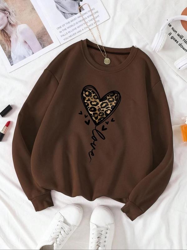 Women'WB shield Leopard Heart & Letter Print Drop Shoulder Sweatshirt, Casual Long Sleeve Round Neck Pullover for Fall &...