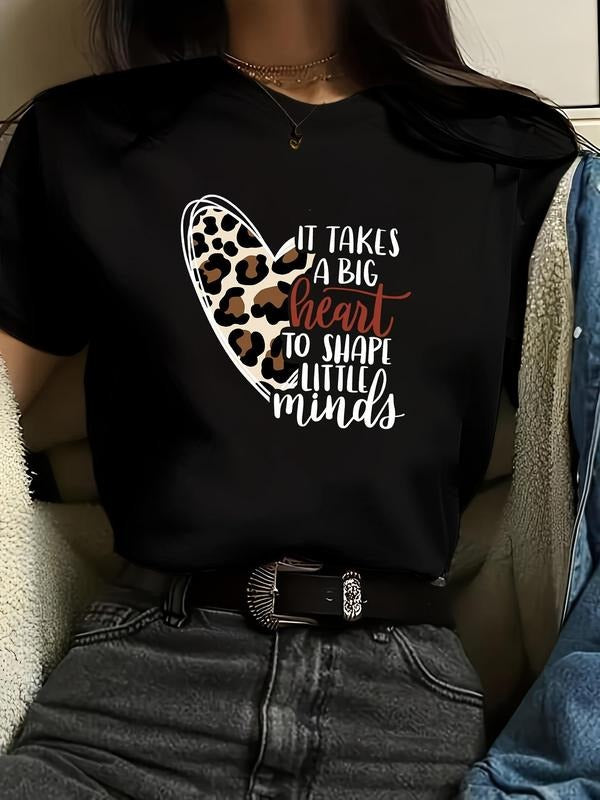 Women'WB shield Leopard Heart Letter Print Round Neck Tee, Casual Short Sleeve Crew Neck T-shirt for Daily Wear, Ladies...