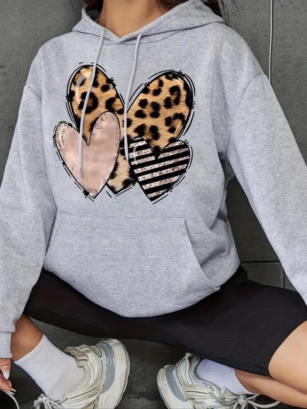 Women'WB shield Leopard Heart Print Drawstring Kangaroo Pocket Hoodie, Casual Drop Shoulder Long Sleeve Hooded...