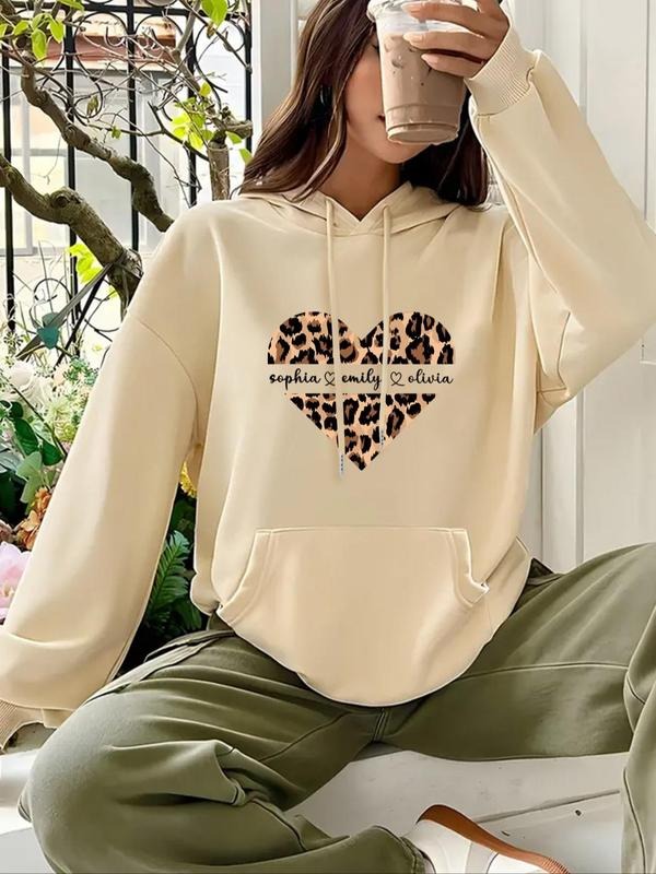 Women'WB shield Leopard Heart Print Drop Shoulder TNF Lined Hoodie, Fashion Casual Drawstring Pocket Hooded Sweatshirt...