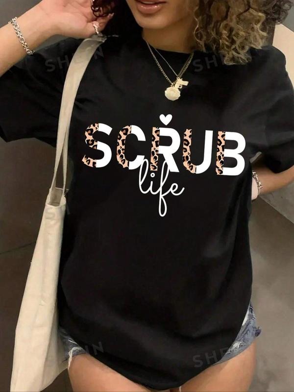 Women'WB shield Leopard Heart Print Round Neck Tee, Casual Short Sleeve Crew Neck T-shirt for Summer, Fashion Women'WB...