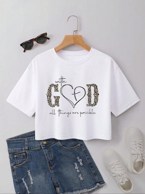 Women'WB shield Leopard Letter Print Round Neck Drop Shoulder Crop Tee, Graphic Tees, Casual Heart Graphic Short Sleeve...