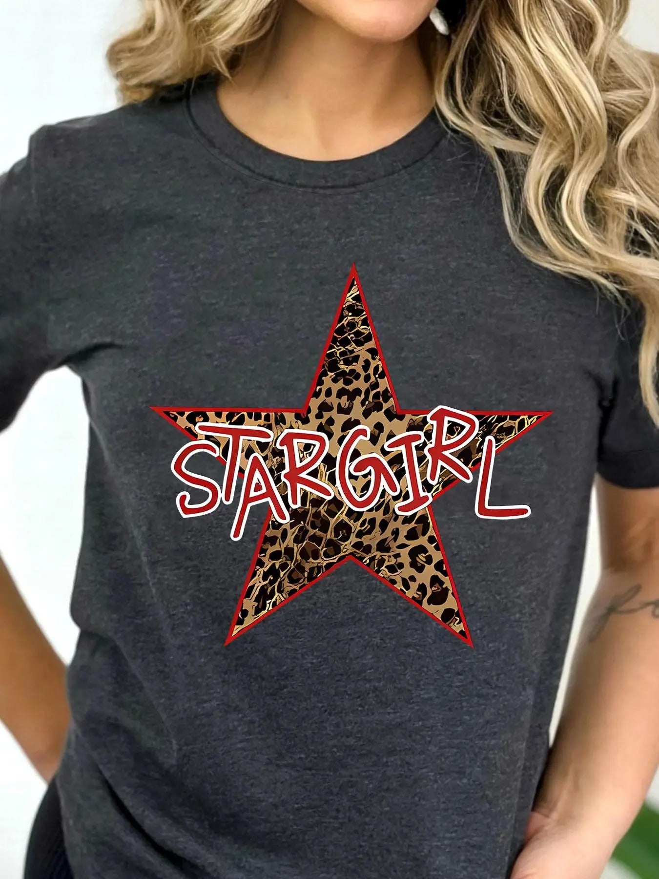 Women'WB shield Leopard Lightsaber brand & Letter Print Round Neck Graphic Tee, Casual Short Sleeve T-shirt for Daily...