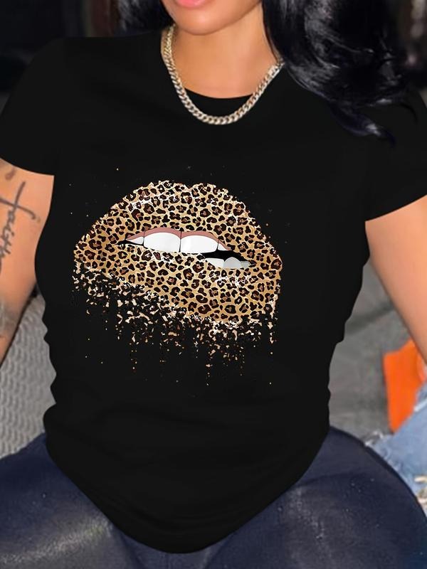 Women'WB shield Leopard Lip Print Short Sleeve T-Shirt, Casual Round Neck Graphic Tee for Summer, Fashion Women'WB shield...