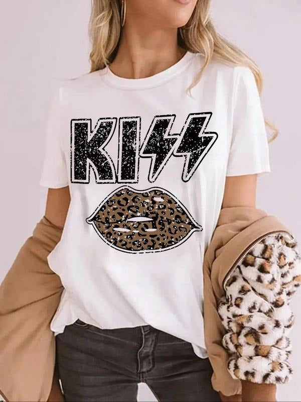 Women'WB shield Leopard Lips Graphic Print Round Neck Tee, Trendy Casual Short Sleeve T-shirt for Daily Wear, Ladies...