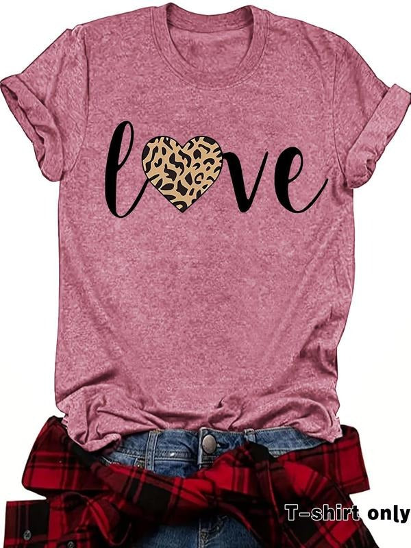 Women'WB shield Leopard Love Print Round Neck Tee, Casual Short Sleeve Crew Neck T-shirt for Summer, Fashion Women'WB...