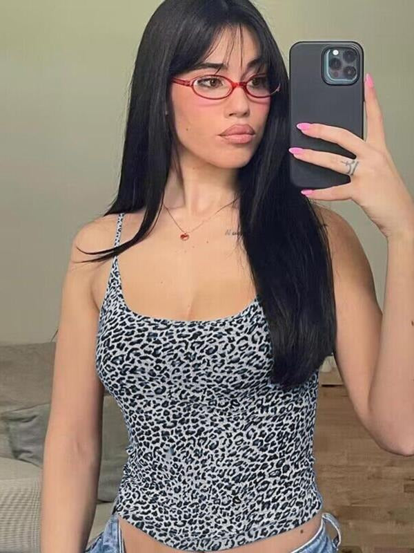 Women'WB shield Leopard Print Backless Crop Cami Top, Adjustable Strap Spaghetti Strap Top for Summer, Fashion Women'WB...