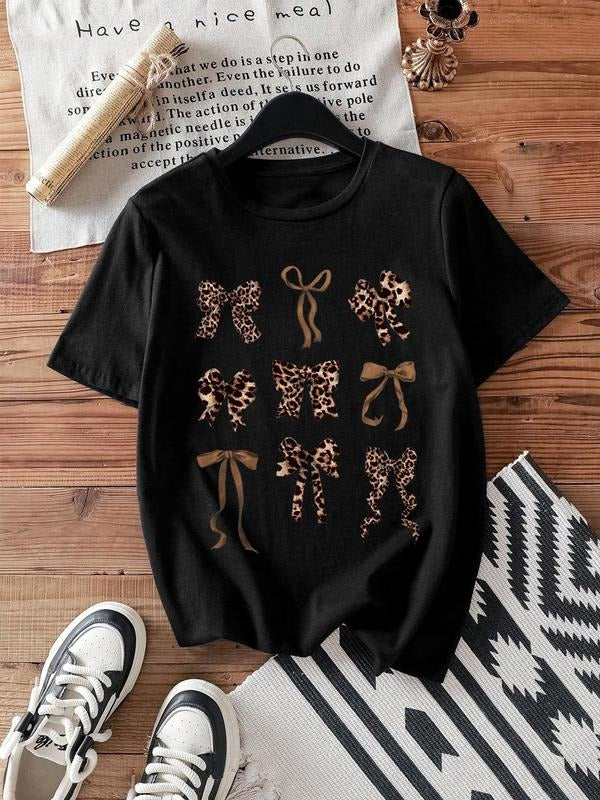 Women'WB shield Leopard Print Bow Print Round Neck Tee, Casual Short Sleeve T-shirt for Daily Wear, Ladies TNF for Spiky...