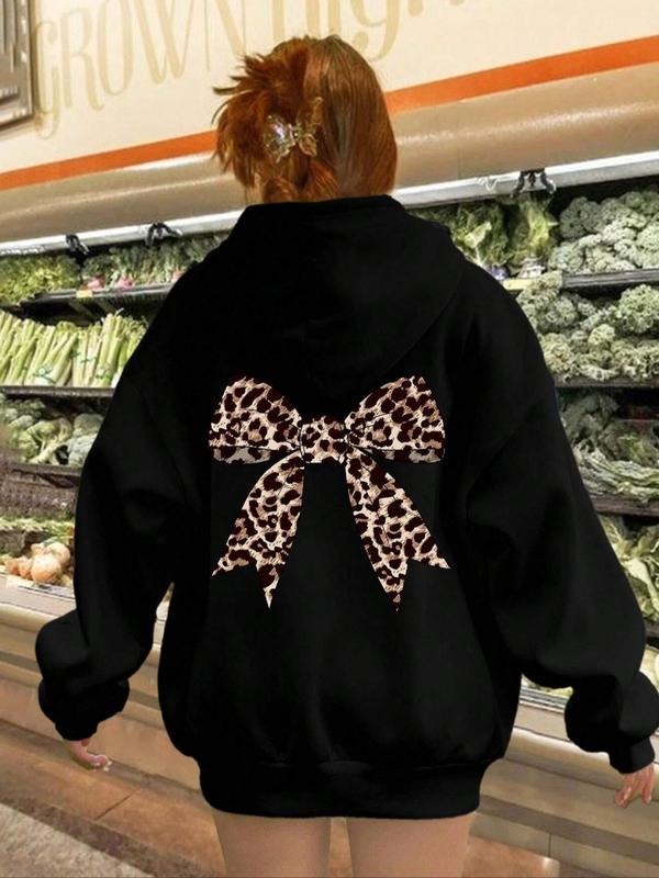 Women'WB shield Leopard Print Bowknot Design Drawstring Hoodie, Casual Long Sleeve Pocket Hooded Sweatshirt for Fall &...