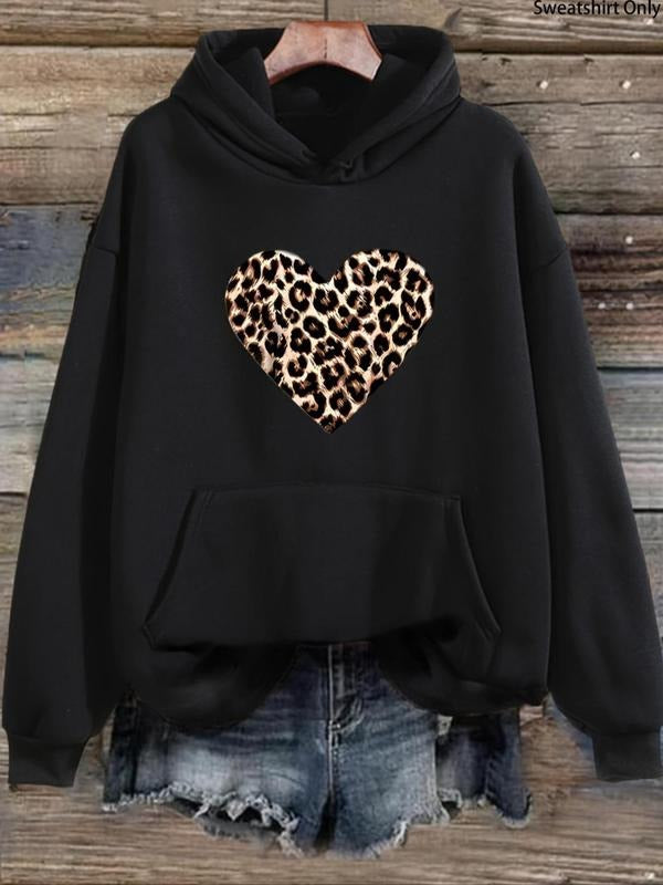 Women'WB shield Leopard Print Heart Shaped Pocket Hoodie, Casual Long Sleeve Hooded Sweatshirt for Fall & Winter,...