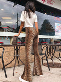 Women'WB shield Leopard Print High Waist Flare Leg Pants, Fashion Bell Bottom Trousers, Women'WB shield Bottoms for Party Holiday Daily Wear