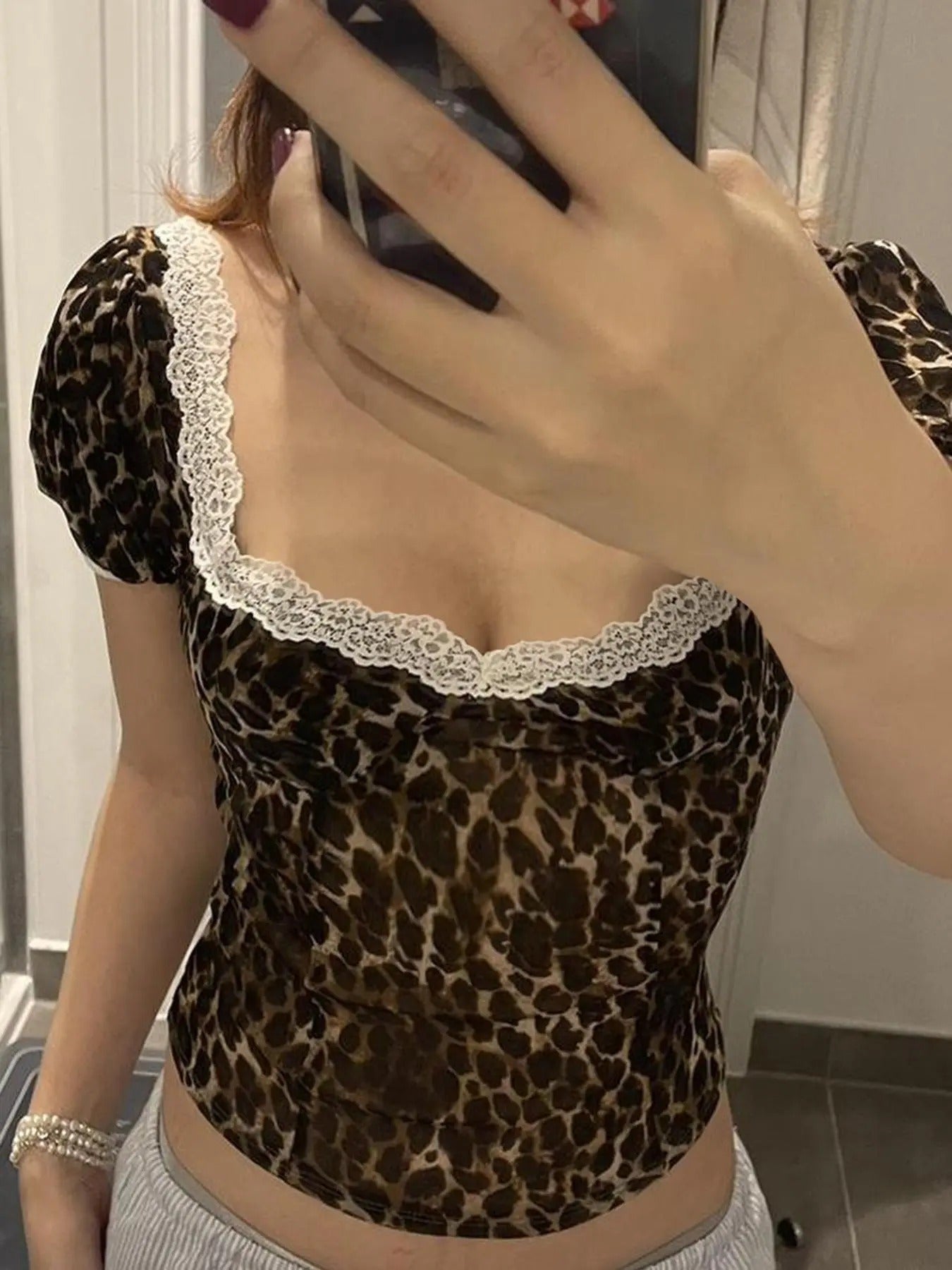 Women'WB shield Leopard Print Lace Trim Crop Tee, Casual Bishop Sleeve T-shirt for Summer, Women'WB shield Top for Daily...