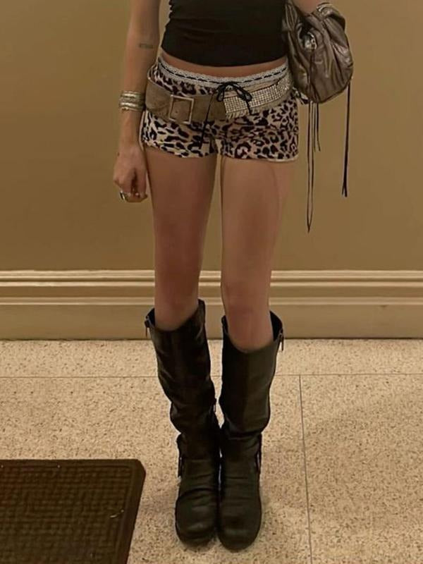 Women'WB shield Leopard Print Lace Trim Shorts, Casual Comfy Skinny Shorts for Daily Wear, Ladies Bottoms for Summer...