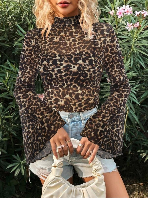 Women'WB shield Leopard Print Lettuce Trim Flounce Sleeve Tee, Casual Mock Neck Long Sleeve T-shirt for Daily Wear,...