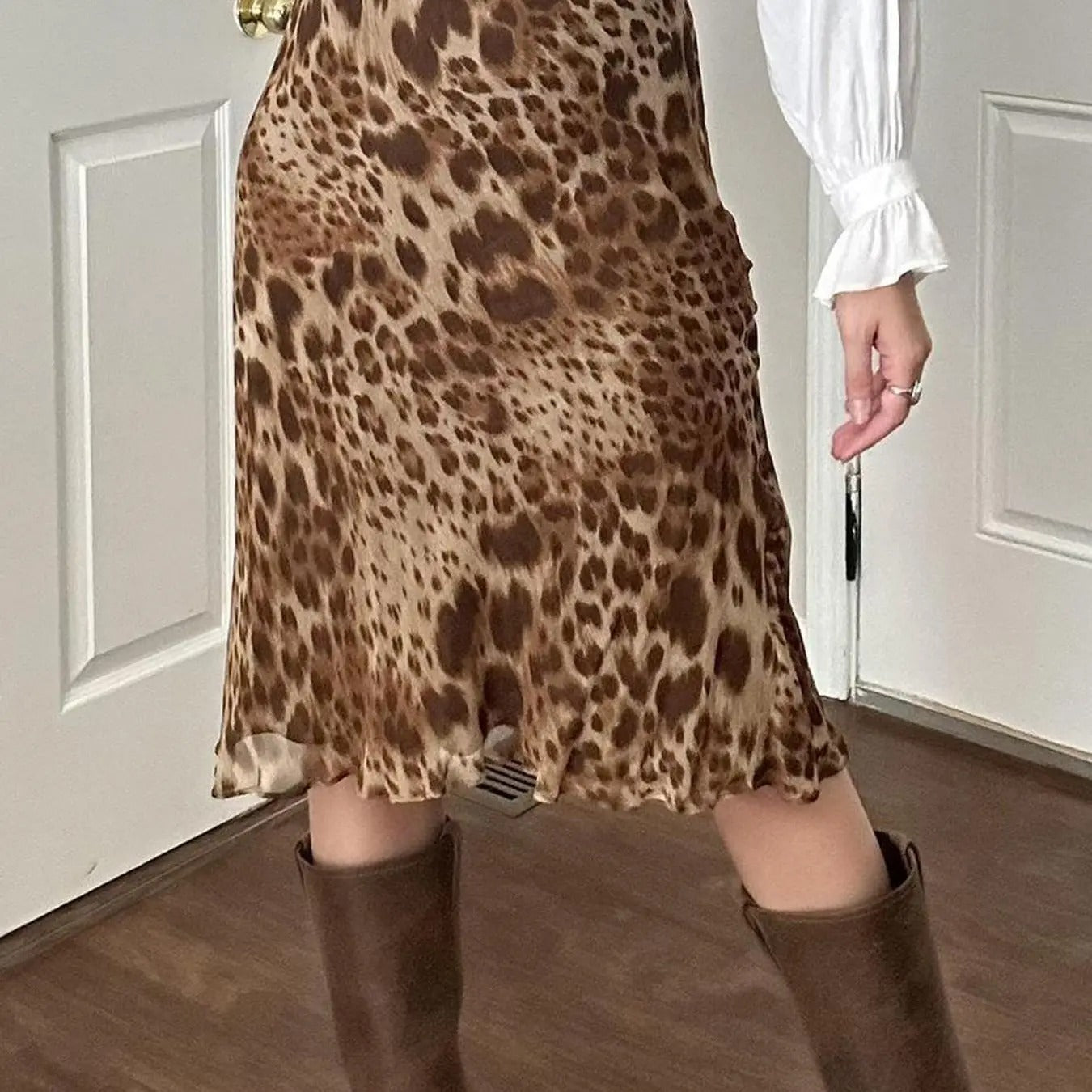 Women'WB shield Leopard Print Lettuce Trim Tulle Skirt, Casual Fashion Comfy High Waist Knee Length Skirt for Daily...