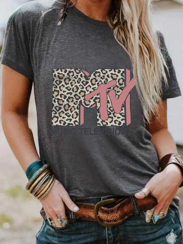 Women'WB shield Leopard Print Round Neck Graphic Tee, Vintage Trendy Casual Short Sleeve T-shirt for Daily Wear, Ladies...