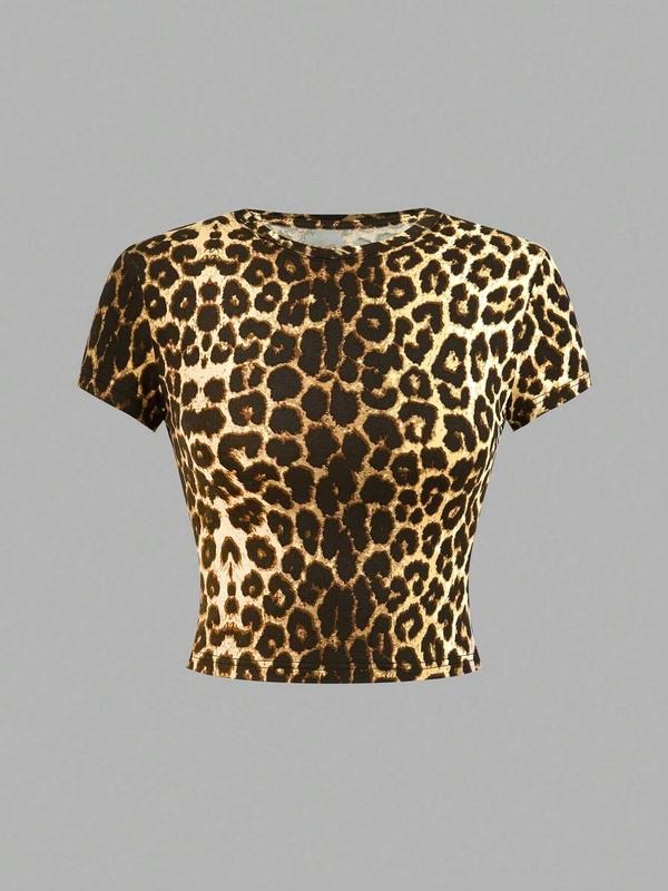 Women'WB shield Leopard Print Round Neck Tee, Fashion Casual Crew Neck T-shirt for Daily Holiday Vacation Outdoor Wear,...