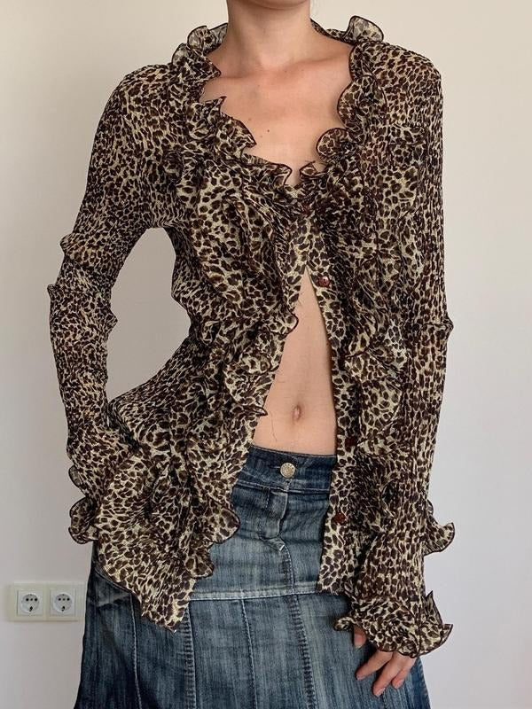 Women'WB shield Leopard Print Ruffle Sheer Tulle Top, Casual Flounce Sleeve Button Front Top for Fall & Winter, Women'WB...