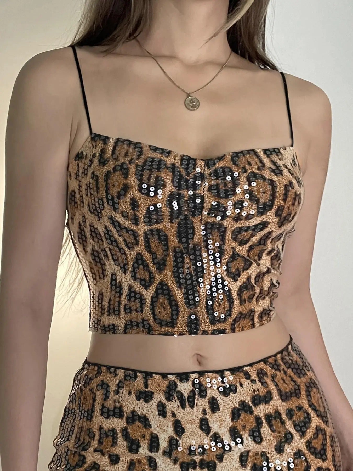 Women'WB shield Leopard Print Sequins Crop Cami Top, Fashion Casual Spaghetti Strap Top for Party Club Dating Wear,...