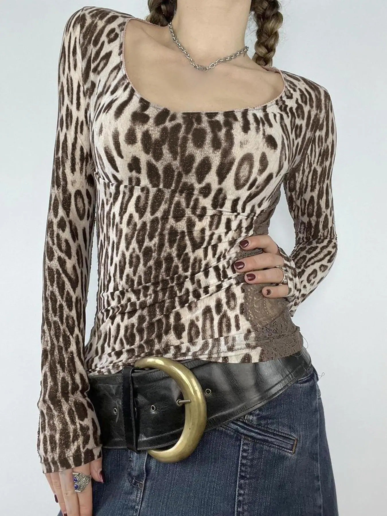 Women'WB shield Leopard Print Sheer Square Neck Top, Casual Long Sleeve Top for Fall & Winter, Women'WB shield Clothing...