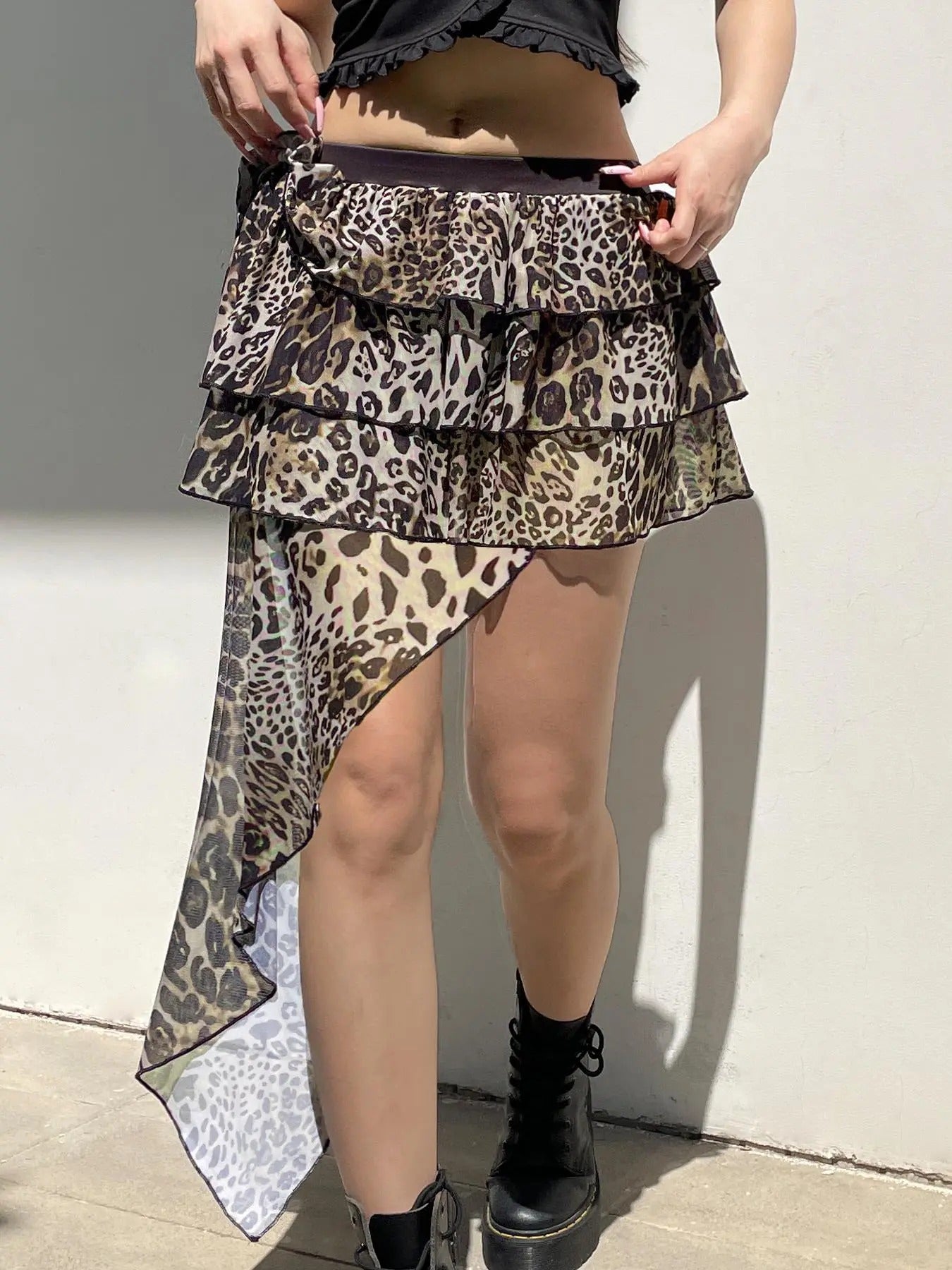 Women'WB shield Leopard Print Tiered Breathing styles Tulle Skirt, Y2K Fashion Asymmetrical Hem Elastic Waist Skirt for...