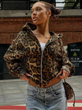 Women'WB shield Leopard Print Zip Up Hooded Jacket, Casual Drop Shoulder Long Sleeve Outerwear for Fall & Winter, Hoodie Outerwear for Winter, Ladies TNF for Daily Wear