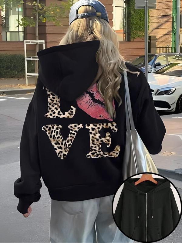 Women'WB shield Leopard Print Zip Up Hoodie, Fashion Casual Letter Graphic Hooded Sweatshirt for Daily Holiday Outdoor...