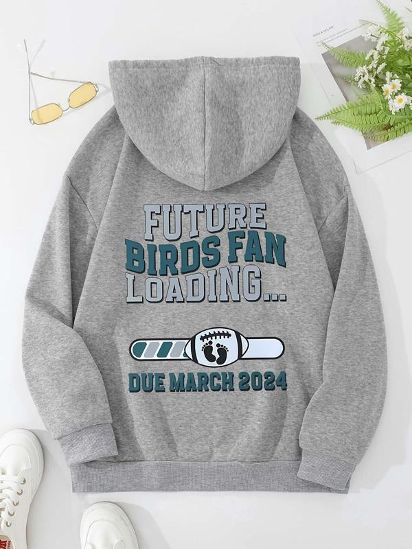 Women'WB shield Letter & American Spiky hair fighters Print Drawstring Pocket Hoodie, Casual Long Sleeve Hooded...
